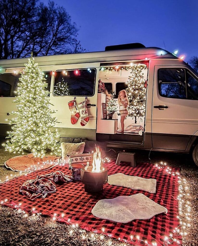 Displaying van life adventures on holidays with decorated van with Christmas tree,